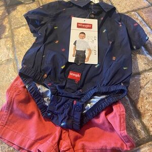 Wrangler Infant Romper and Shorts Set - Navy and Red